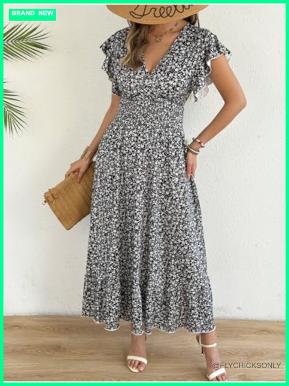 Flowy Floral Maxi Dress with Pockets - 95% Polyester 5% Spandex - Picture 4 of 6